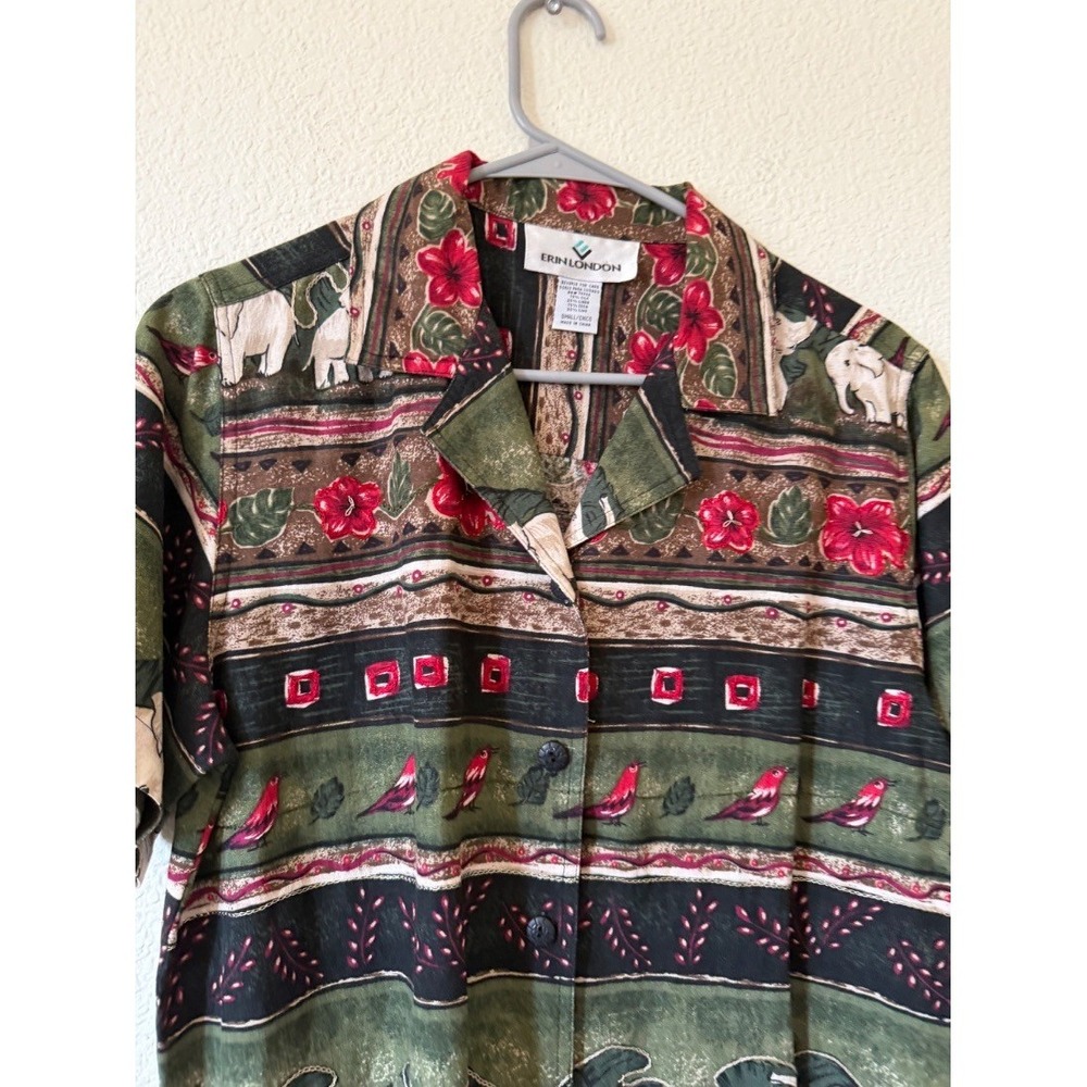 Erin London Womens Blouse Shirt Green Elephant Print Silk Linen Small - Picture 5 of 13
